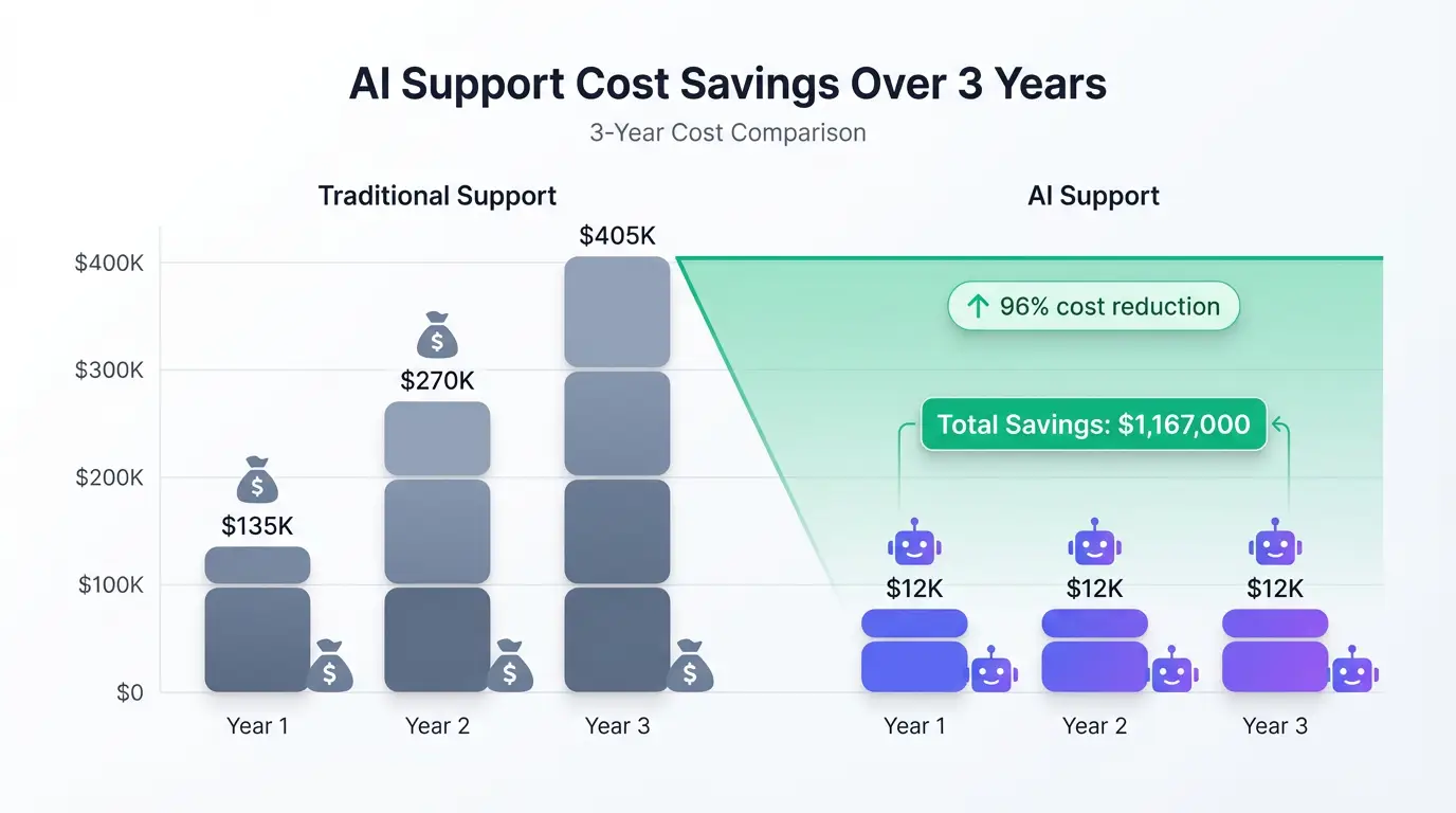 Cost savings comparison over time - Traditional vs AI Support